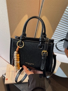 Women Crinkled PU Leather Mini Bucket Bag Street Trendy Crossbody Handbag With Colorful Beaded Pendant Fashion Solid Color Shoulder Bag