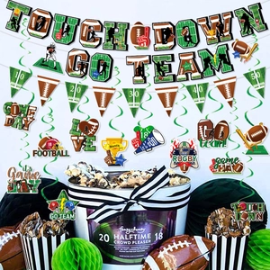American football party decoration set with Touchdown banner and football hanging swirls