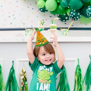 Saint Patrick's Day cone party hat with Good Luck text and shamrock design for kids