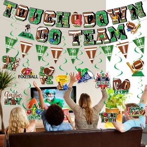 American football party decorations set with Touchdown banners and spiral hanging swirls