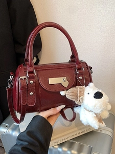 Women Chic PU Leather Boston Bag High Aesthetic Urban Simplicity Crossbody Bag With Plush Dog Pendant Retro Bowling Satchel