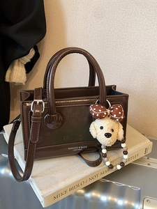 Korean Style Women Glossy PU Leather Handbag Embossed Crossbody Shoulder Bag With Cute Plush Pendant Retro Fashion Satchel