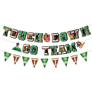 Detail of football party banners featuring Touchdown and Go Team letters with field motifs