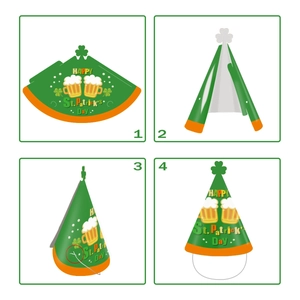 St. Patrick's Day party paper hat assembly guide with green shamrocks and beer design