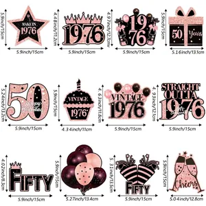 Detailed size chart for 12 rose gold and black 50th birthday party hanging decorations