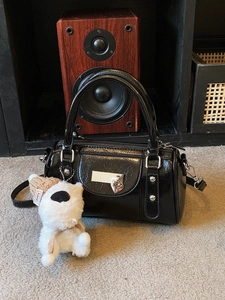 Glossy black patent leather ballet bowling bag with silver hardware and heart charm