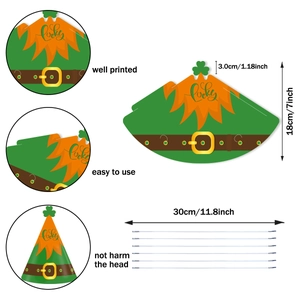 St. Patrick's Day green paper party hat with clover design and 18cm height measurement