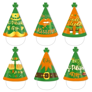 Detailed set of 6 Saint Patrick's Day party hats with clover tops and elastic bands
