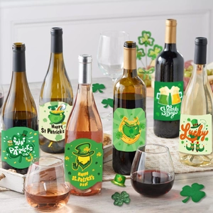 6-pack St. Patrick's Day wine bottle stickers with shamrock and gnome festive designs