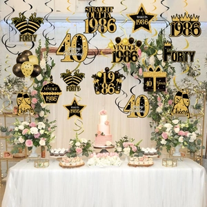 Elegant black and gold glitter 40th birthday spiral hanging decorations for party venue