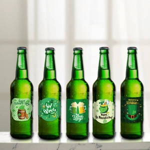 Set of St. Patrick's Day beer bottle label stickers featuring green shamrock and gold coin designs