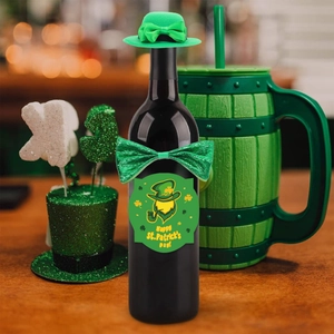 St. Patrick's Day bottle decoration set with green sequin mini hat and glitter bow tie