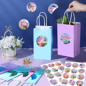 Mermaid party favor bags and round adhesive seal stickers for girls' birthday events