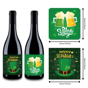 St. Patrick's Day beer bottle stickers with shamrock and green hat designs, 10cm x 10cm
