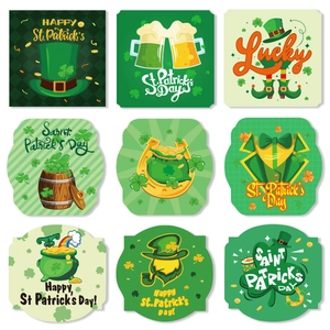 Set of 9 St. Patrick's Day bottle labels with shamrocks, rainbows, and green hats graphics