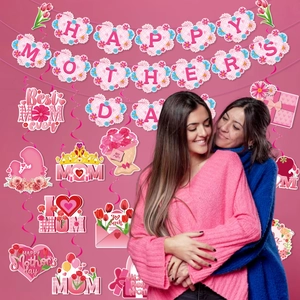 Mother's Day party decoration set featuring heart banners and themed hanging swirls