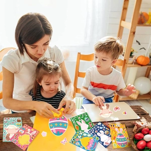 Family interaction showing children using Easter egg and bunny DIY stickers at home