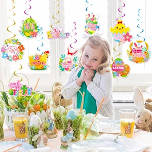 Easter party ceiling swirls featuring colorful bunny and egg cards for festive indoor decor