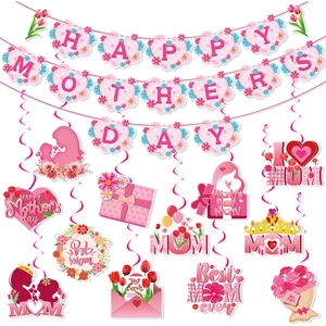 Happy Mother's Day Banner Heart Shaped Letters Hanging Decoration Set Pink Flower Printed Cardstock Party Supplies For Home