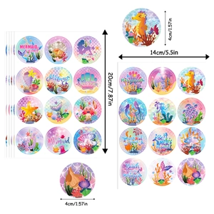 Mermaid birthday party stickers set featuring seahorse and shell designs on dreamlike colors
