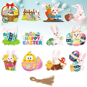 Easter party decoration kit with 12 hanging cards featuring rabbits and colorful eggs