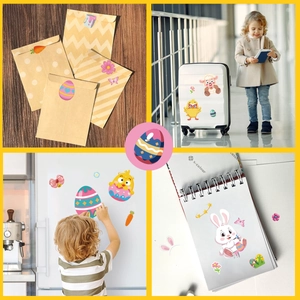 Cute cartoon Easter stickers with bunnies and eggs on laptop and suitcase