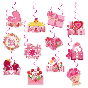 Mother's Day ceiling swirl decorations featuring pink hearts and flower designs
