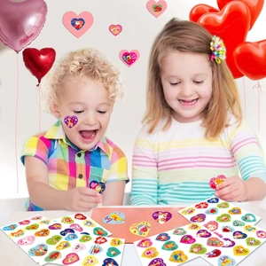 Kids Valentine heart stickers featuring cartoon animals and sweet holiday greetings