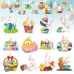 Easter party decoration kit with 12 cartoon rabbit and egg hanging tags with strings