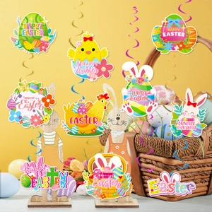 Easter party decoration set with colorful hanging swirls and bunny egg card pendants