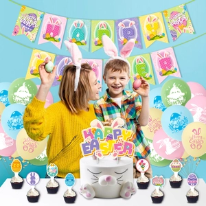 Kit déco fête de Pâques avec bannières Happy Easter, ballons lapin colorés et pics à gâteaux