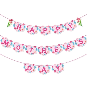 Pink heart-shaped Happy Mother's Day banner with floral accents and tulip details