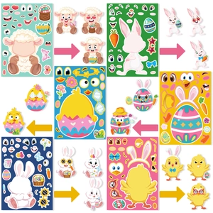 Easter party DIY stickers set featuring cartoon bunnies, chicks and eggs for creative assembly