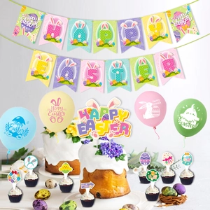 Kit de fête de Pâques avec bannière HAPPY EASTER, ballons lapin et décorations de gâteaux