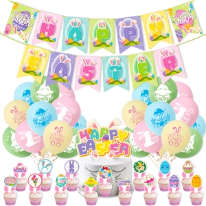 Kit Décoration Fête de Pâques Ballons en Latex Bannière Toppers de Gâteau Motif Lapin Oeuf Articles de Fête Pour Maison