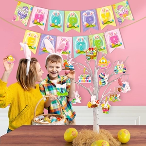 Family decorating with Easter banner and colorful paper bunny hanging swirl ornaments