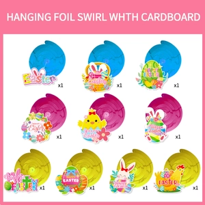 Easter party ceiling decorations featuring colorful foil swirls and festive animal hanging cards