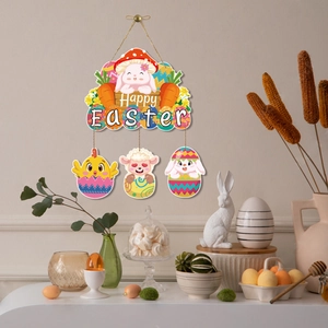 Detail of wooden Happy Easter door hanger with rabbit, chick and egg ornaments