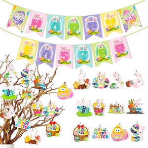 Happy Easter party decoration set with colorful paper banners and spiral hanging ornaments