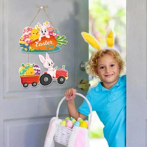 Detail of Happy Easter door sign hanging on gray door with child in rabbit ears headband