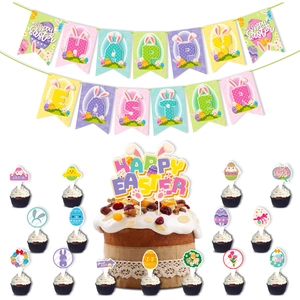 Kit déco de Pâques détaillé avec bannières de lapins et décorations de cupcakes variées