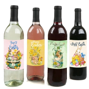 Set di quattro adesivi per bottiglie di vino Happy Easter con conigli e motivi floreali