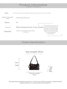 Detailed dimension chart showing size parameters for the large PU leather tote bag
