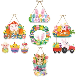 Set of 4 Happy Easter door hanging decorations with rabbits and colorful eggs