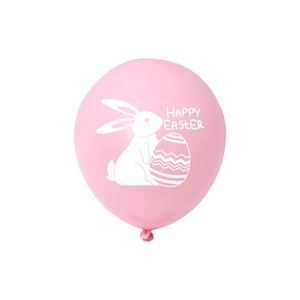 Gros plan d'un ballon de Pâques rose avec motif lapin blanc et texte Happy Easter