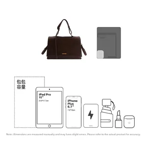 Detail view of brown leather bag capacity fitting 11 inch iPad Pro and phone