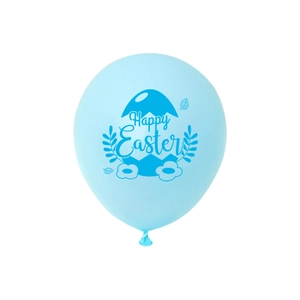Détail d'un ballon de Pâques bleu clair avec texte Happy Easter et motif d'œuf festif