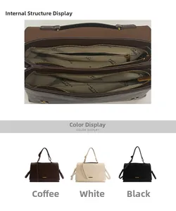 Detail view of handbag interior compartments and texture in brown, white and black
