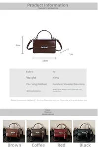 Detail view of stylish square PU leather handbag featuring metal turn-lock and size specs
