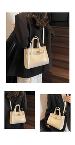 Trois vues d'un sac cabas en cuir crème porté avec un costume noir professionnel chic